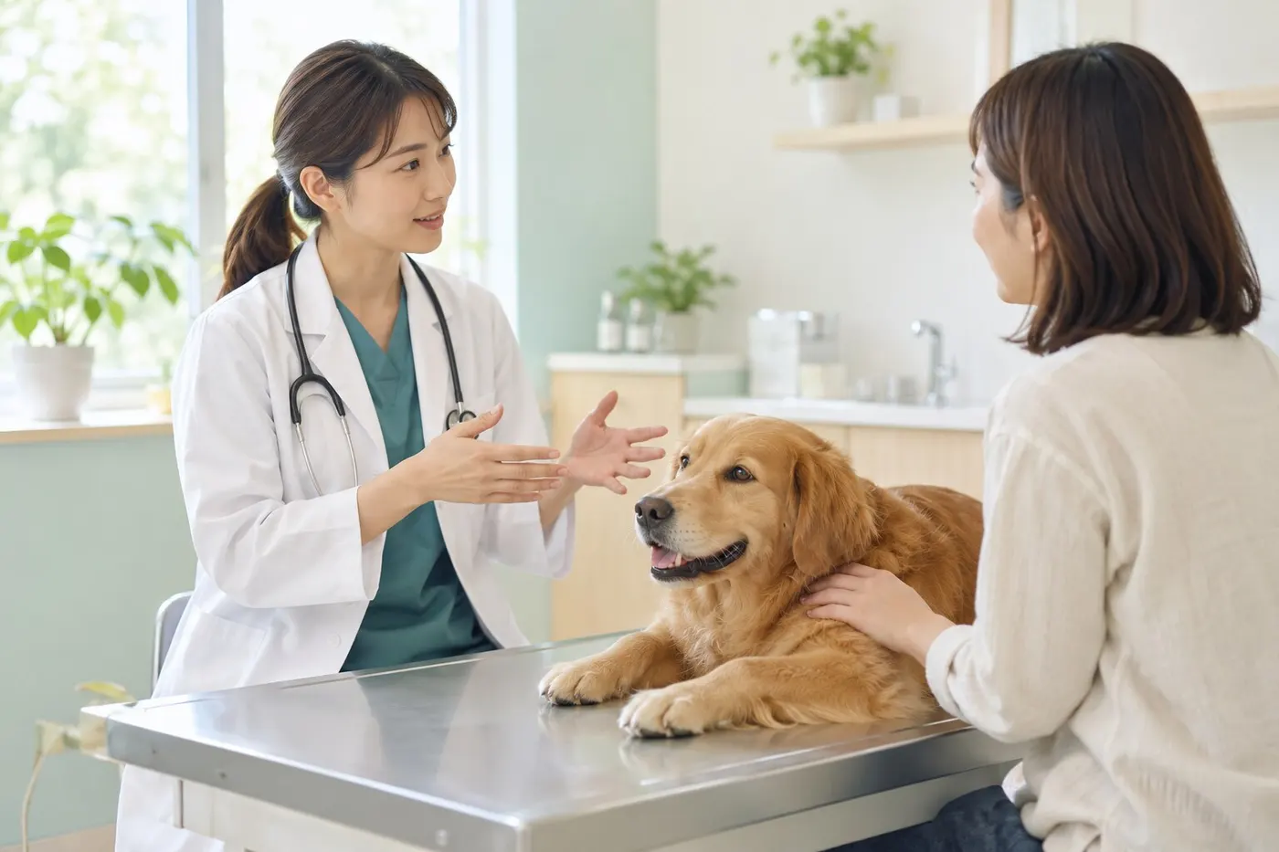 飼い主と獣医師が犬について相談する様子